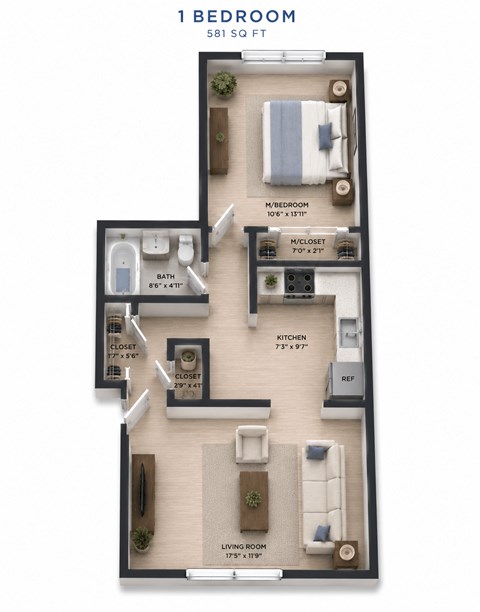 Floor plan for 1 bed, 1 bath, 730 sqft